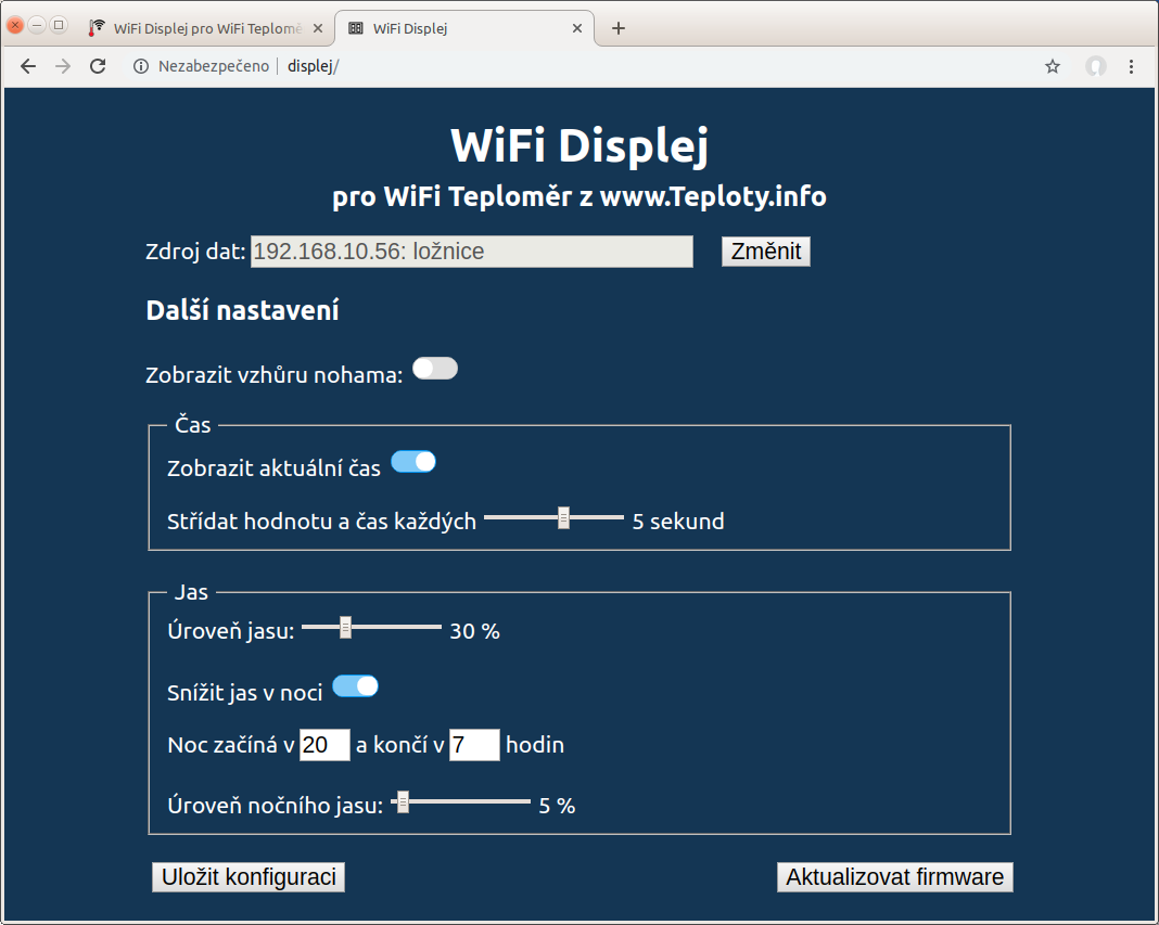 webové konfigurační rozhraní WiFi Displeje